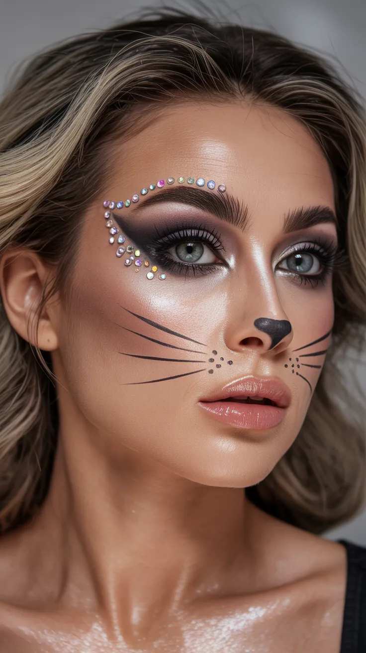 12. Half-Face Glam Cat Makeup