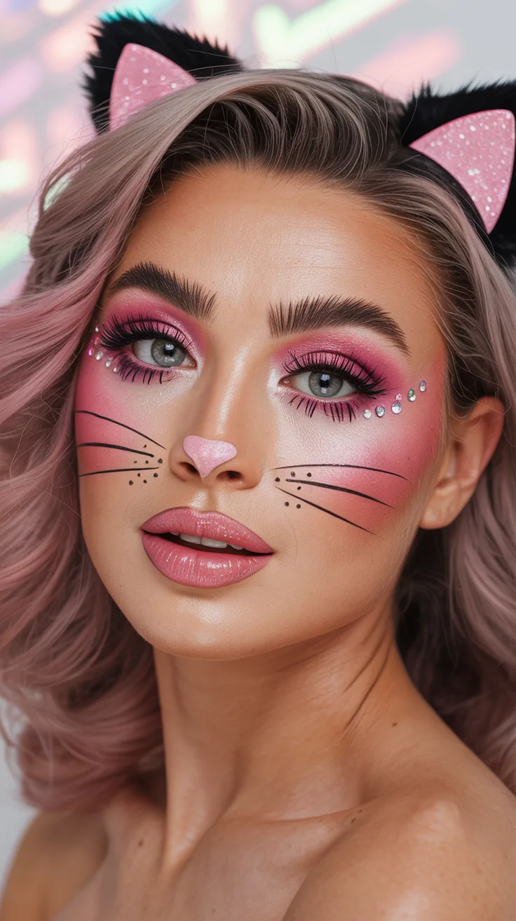 7. Sparkly Pink Cat Makeup