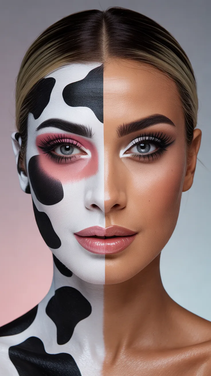 5. Half-Face Cow Makeup with Glam Contrast